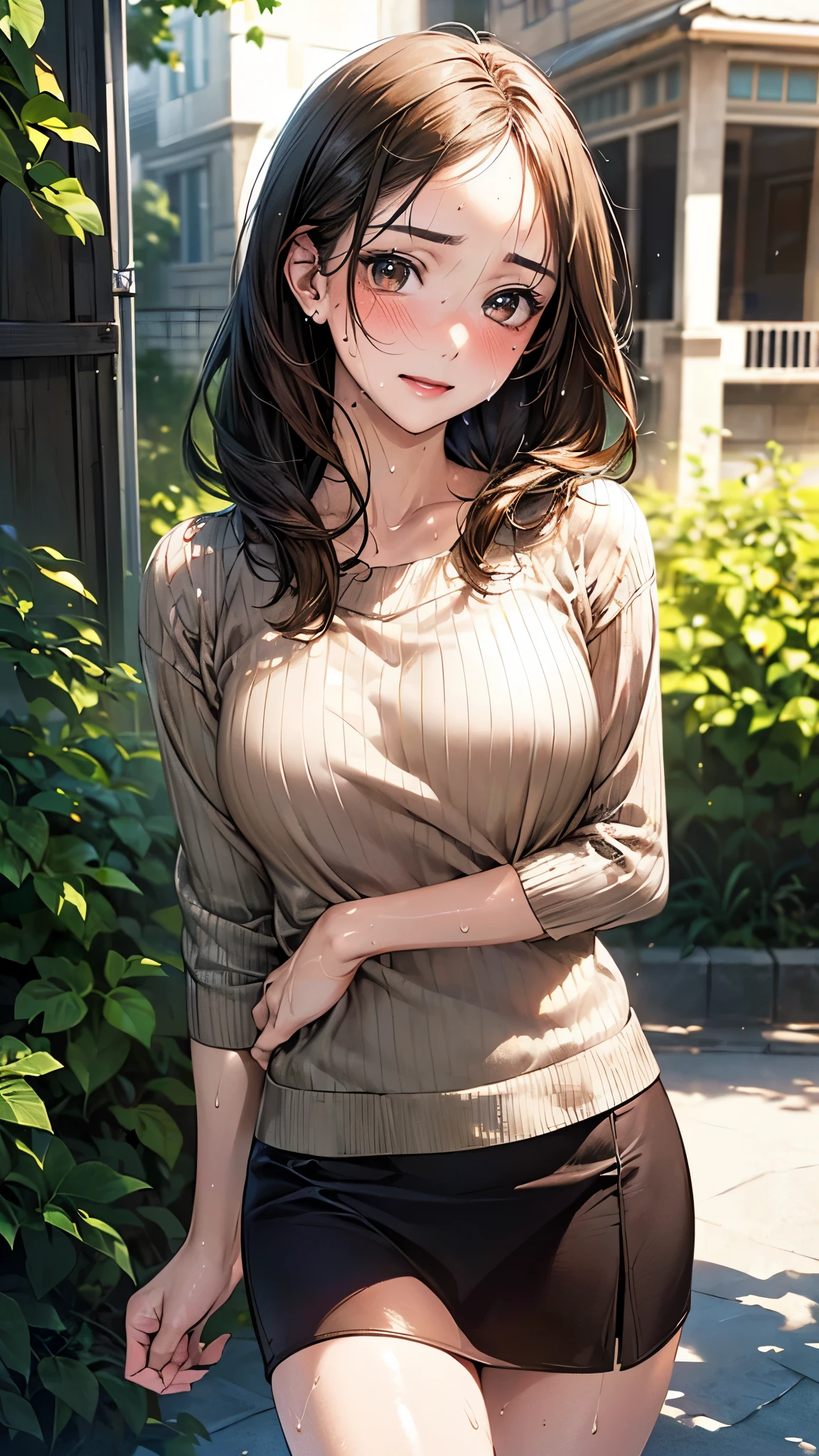(masterpiece:1.2, top-quality), (realistic, photorealistic:1.4), beautiful illustration, (natural side lighting, movie lighting),
looking at viewer, cowboy shot, front view, 1 girl, japanese, high school girl, perfect face, cute and symmetrical face, (shiny skin, sweaty:1.4), face,
(middle hair:1.2, straight hair:1.5, brack hair), forehead, brown eyes, (middle breasts, seductive thighs, big ass),
beautiful hair, beautiful face, beautiful detailed eyes, beautiful clavicle, beautiful body, beautiful chest, beautiful thigh, beautiful legs, beautiful fingers,
((light brown sweater, dark green tight skirt),
(beautiful scenery), evening, entranceway, (great joy),