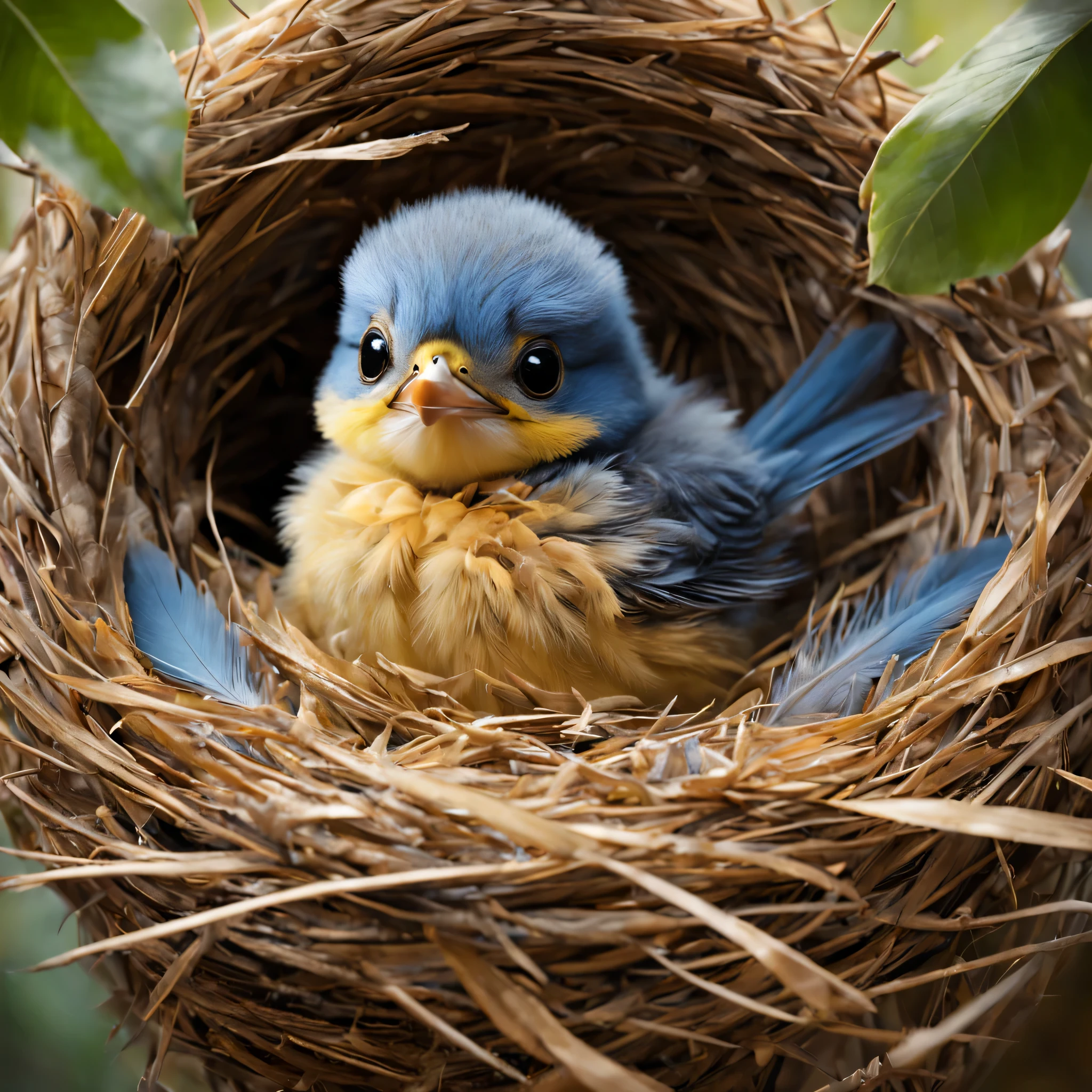 A baby bird pokes its head out of its nest box and begs for food..,Piyopiyo,mother bird is back,Little blue bird:cute,cute,Beautiful feathers:shiny,baby bird wrapped in feathers,Happy sight,adorable,joy,Detailed details,masterpiece,