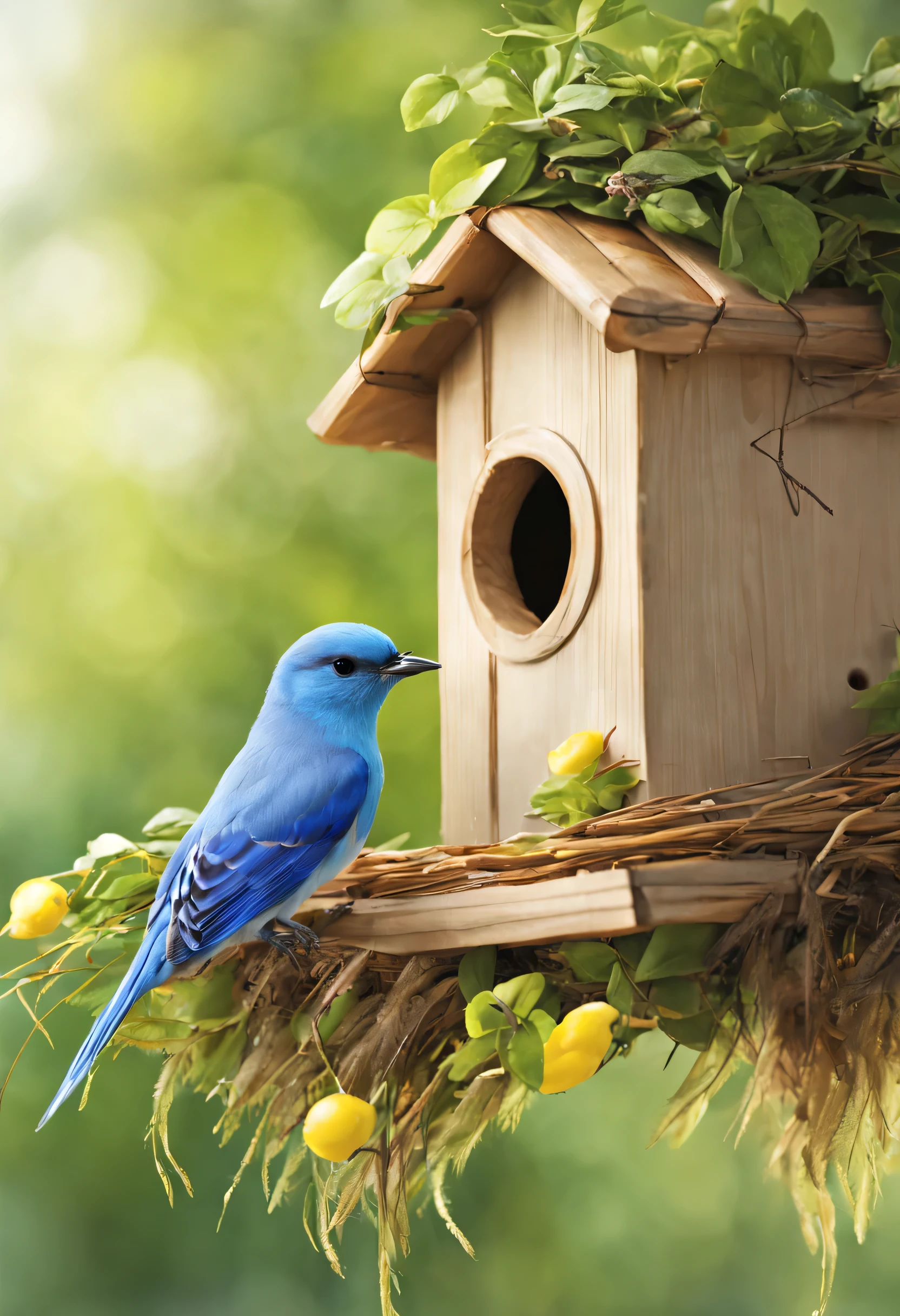 A baby bird pokes its head out of its nest box and begs for food..,pot-shaped birdhouse:woven basket,Piyopiyo,mother bird is back,Little blue bird:cute,cute,Beautiful feathers:shiny,baby bird wrapped in feathers,happiness,I'I'm doing well today,Eat a lot and grow big