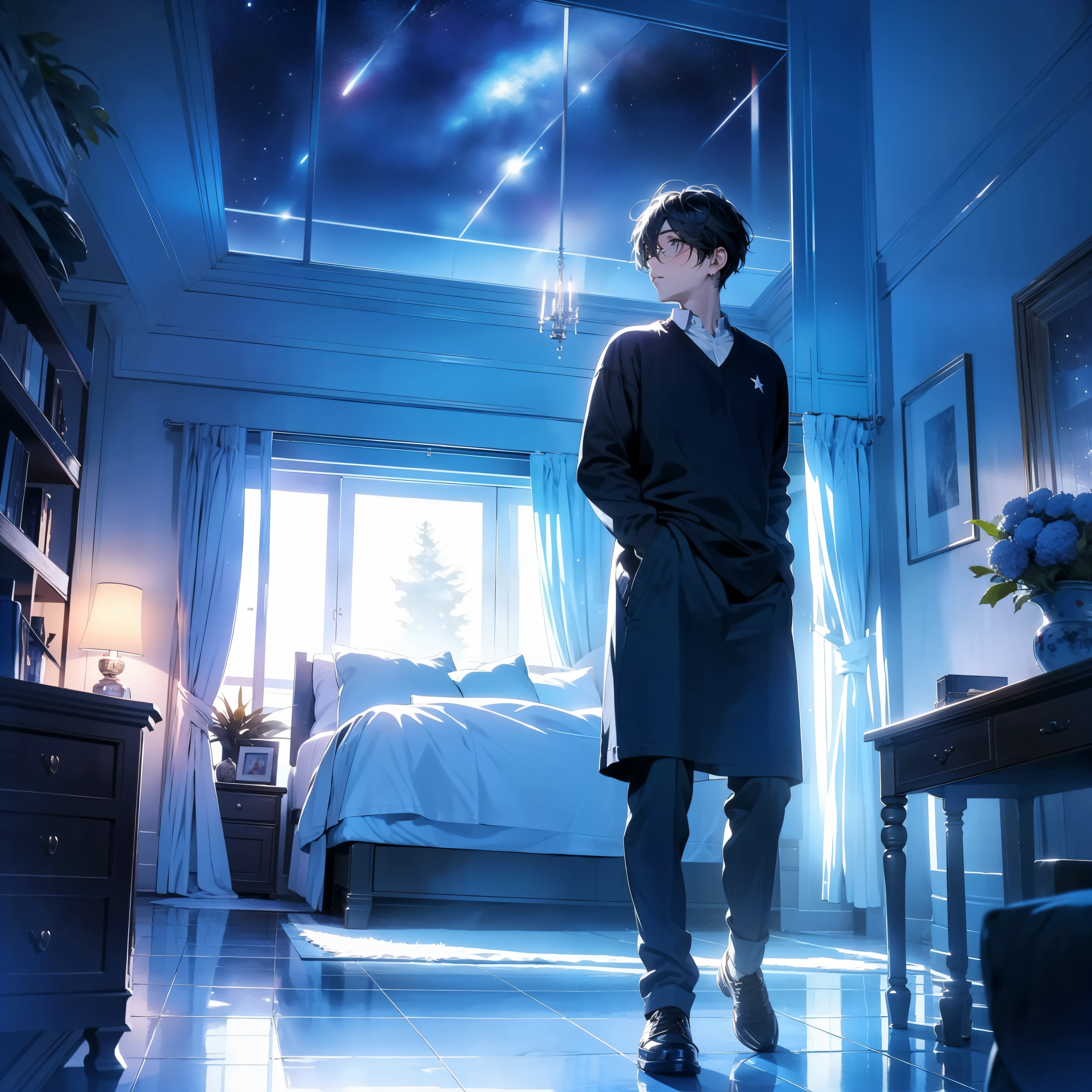 Gorgeous bed，Floor-to-ceiling night lights，floor to ceiling clear glass door，A beautiful starry sky outside，dark scene