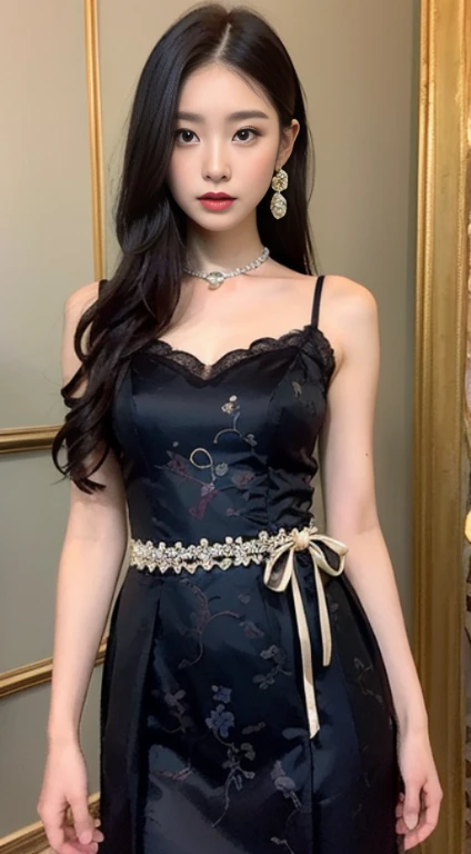 A dress with a chinoiserie style with lace elements at the neckline and cuffs of the dress Dark pattern is a traditional moire pattern, details such as pleats, embroidery, beads, silk, crepe, knee-length or length, and a bow or flower decoration at the waist or neckline