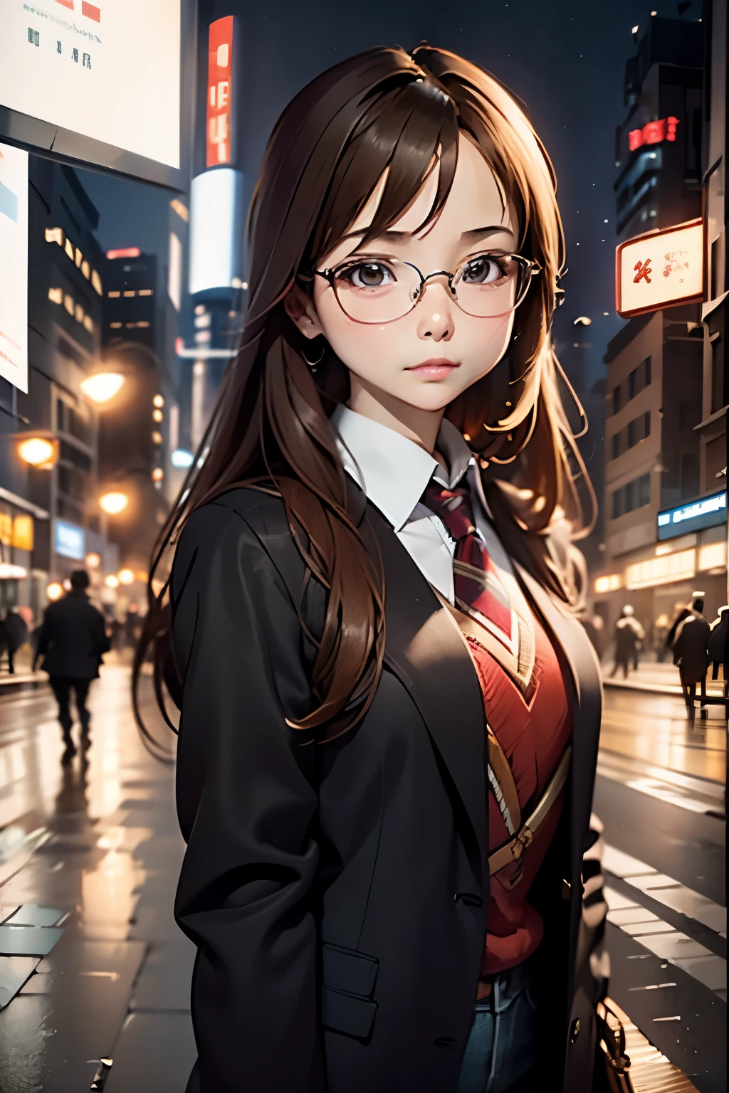 (disorganized, High resolution, Super detailed, realistic, ), 1 girl,mature, alone, long brown hair suit,brown eyes,  (Glasses)，modern city background, Super detailedな, highest quality, Detail view, vectorized, 8K,  graphic design, vector lines, Full HD，whole body