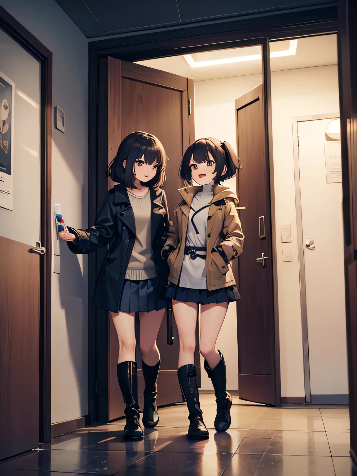 (1) Only two women walk quickly through the door.. There aren't even three people..
(2) One woman wearing a down jacket, tight miniskirt and long boots.
(3) The other woman is wearing a trench coat., pleated mini skirt and long boots.
(4) one person has short hair、the other one has long hair.
(5) two women are drunk and laughing.
(6) They both have cans of alcohol in their hands..
(7) The location is the entrance door of the apartment room at night..
