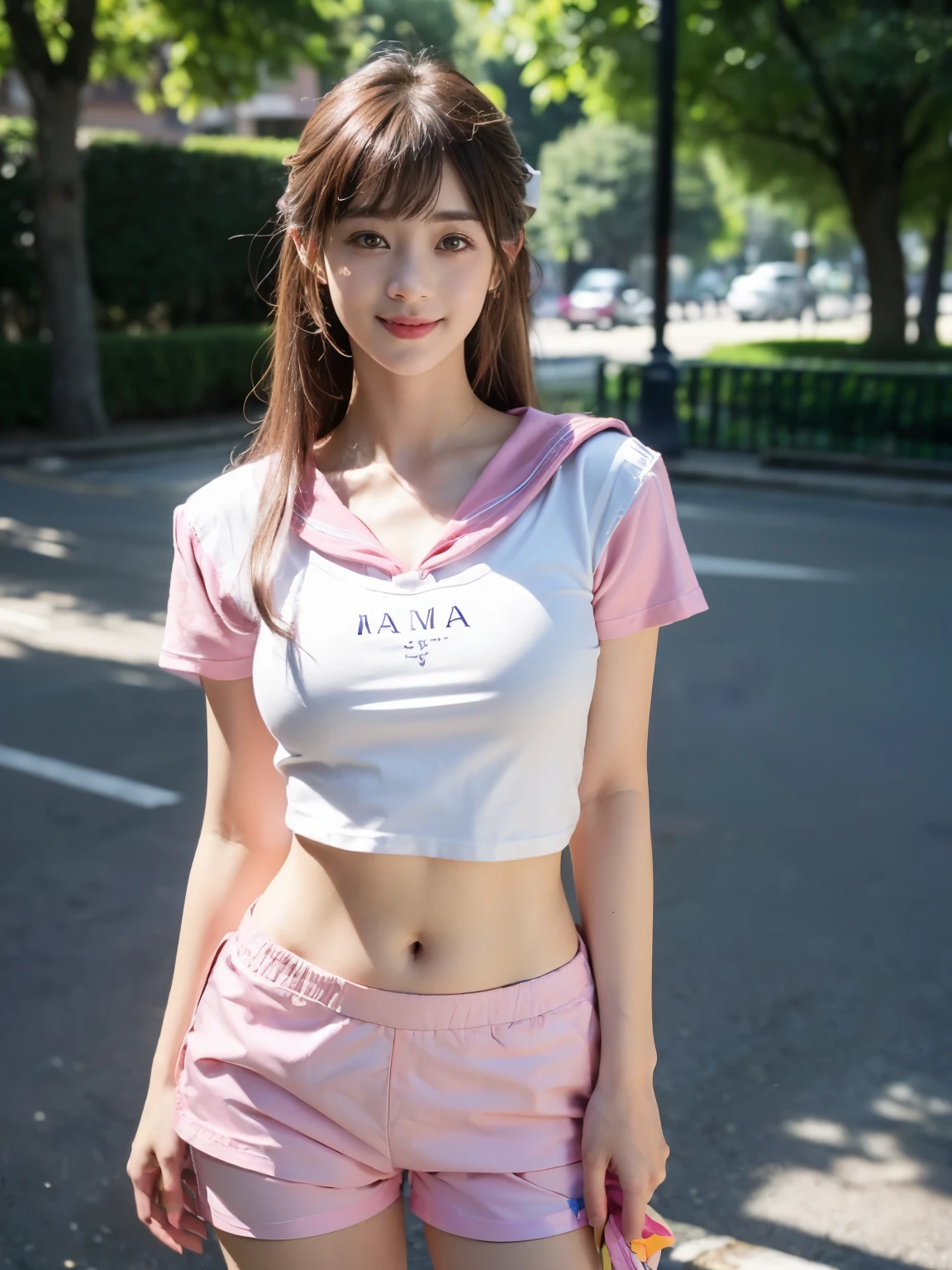 ((((highest quality))))、(((Ultra-precision CG16K wallpaper)))、(((masterpiece)))、(((Super detailed)))、(((super extreme details)))、1people's women、 female、18 year old female、((Chinese face))、((very beautiful face))、((Mana Ashida:1.5))、((straight semi-long hair:1.3))、(shiny hair)、bangs up to eyebrows、beautiful brown hair、beautiful delicate eyes、brown eyes、raised eyebrows、high nose、small nostrils、small mouth、seductive lips、mouth slightly open、beautiful breasts、C cup size breasts、cleavage、plump body、perfect proportions、perfect anatomy、perfect composition、beautiful detailed shading、beautiful natural lighting、beautiful detail glow、Depth of bounds written、(((High chroma)))、(((real:1.9)))、((vivid:1.4))、((beautiful skin))、((skin texture))、((realな皮膚感))、(((cowboy shot:1.5)))、((Angle seen from the front:1.5))、((smile:1.4))、(Eyes looking at me:1.3)、bright sunshine、(((Park Square:1.3)))、(standing pose:1.5)、(((White cropped sailor T-shirt、Wearing pink shorts:1.5)))、