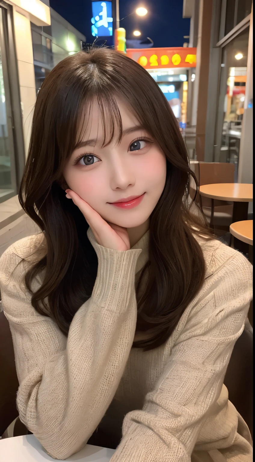 table top, highest quality, figure, super detailed, finely, High resolution, 8k wallpaper, 完璧なダイナミックな構figure, beautiful and fine eyes, winter dress,medium hair, small breasts, natural color lip,smile,big city、20 year old girl、midnight、beautiful and detailed face、perfect and beautiful face、slim face and style,spread your arms wide,Big eyes,Take a photo from below the knees at a face angle