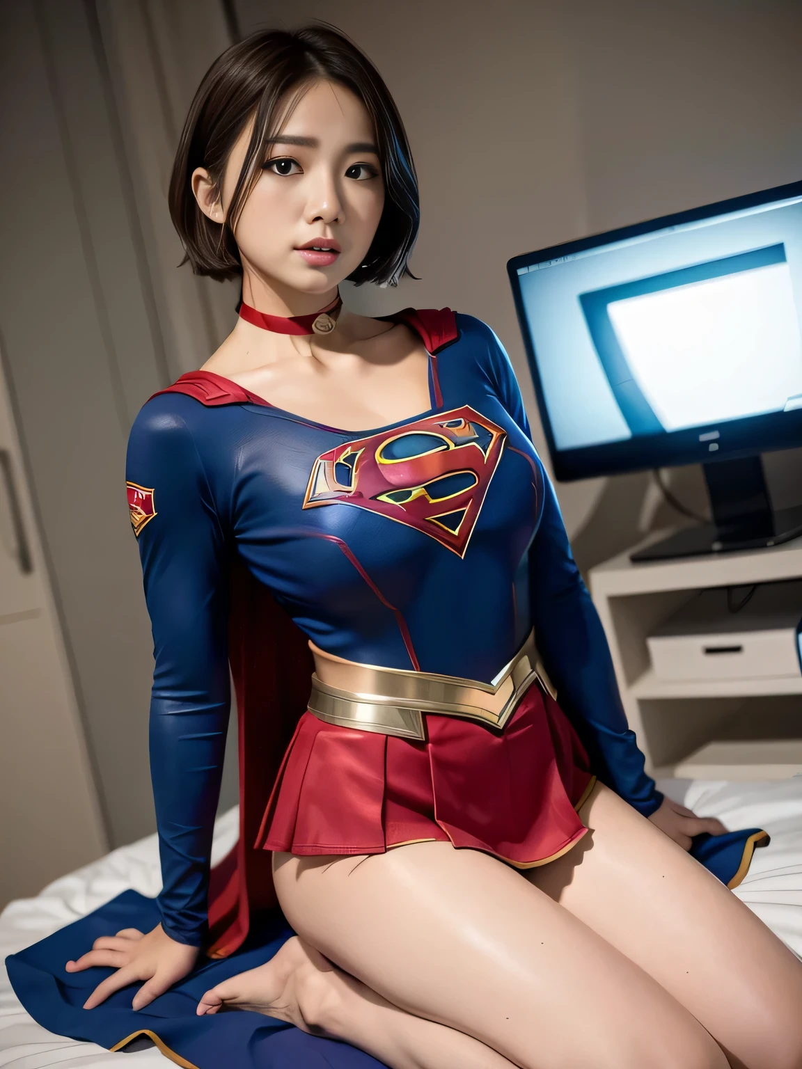 masterpiece、supergirl costume、short hair、barefoot、big and full breasts、operating room、operating table、straddle、Tattered、shiny、look at the camera、Seduce、choker、red mini skirt、long sleeve、Cowgirl、Estrus