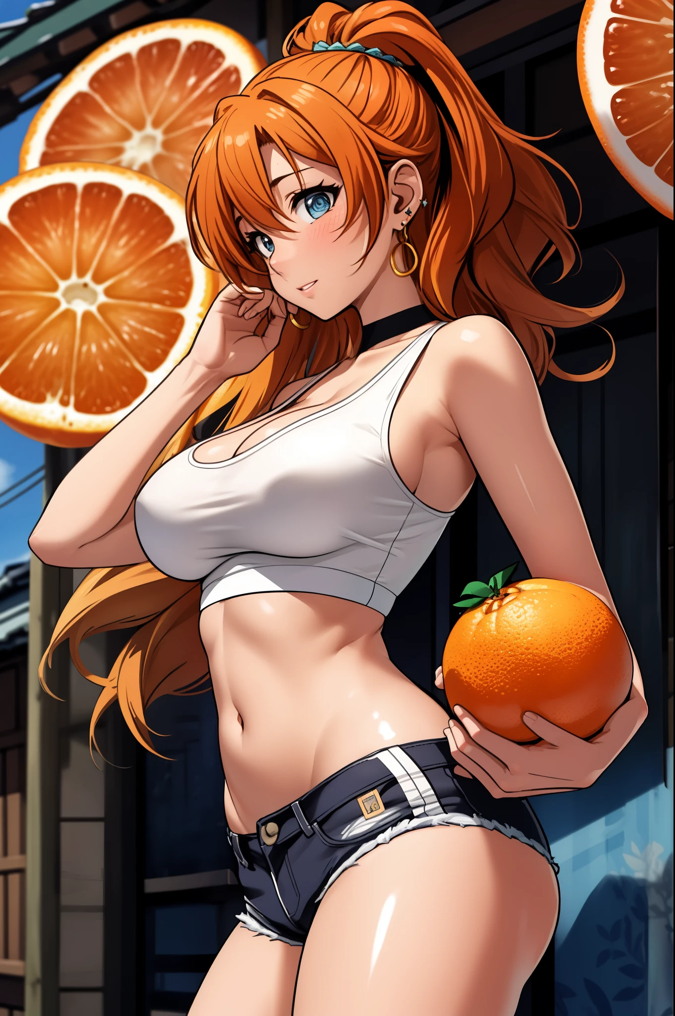 (Masterpiece, Best Quality, High Quality), professional artwork, well drawn, Intricate Details, slightly side view,solo,in village , Kousaka honoka, afternoon, milf, curvy body,long hair, navel Orange hair, ultra detail hair, ultra detail face, perfect eyes, earring, blushing, embarrassed, latex white tank top, latex breasts, micro shorts,side breasts,big breasts