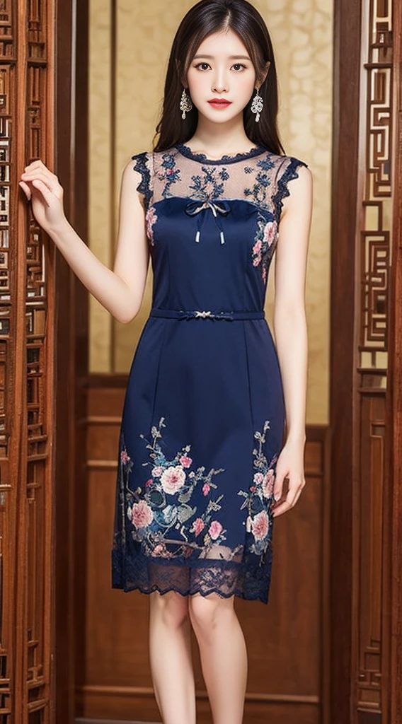A dress with a chinoiserie style with lace elements at the neckline and cuffs of the dress Dark pattern is a traditional moire pattern, details such as pleats, embroidery, beads, silk, crepe, knee-length or length, and a bow or flower decoration at the waist or neckline