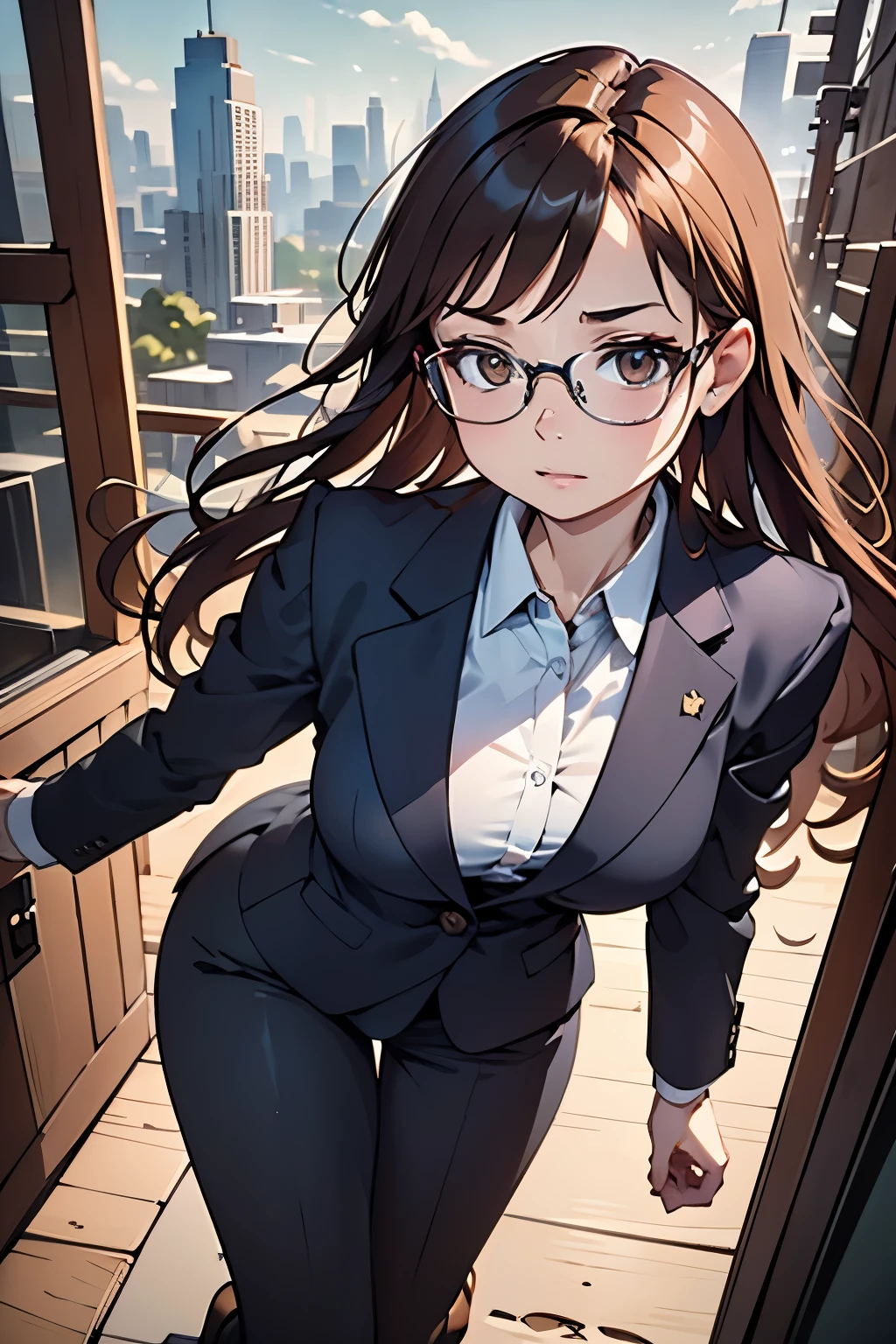 (disorganized, High resolution, Super detailed, realistic, ), 1 girl,mature, alone, long brown hair 、((business suit)),brown eyes,  (Glasses)，modern city background, Super detailedな, highest quality, Detail view, vectorized, 8K,  graphic design, vector lines, Full HD，whole body