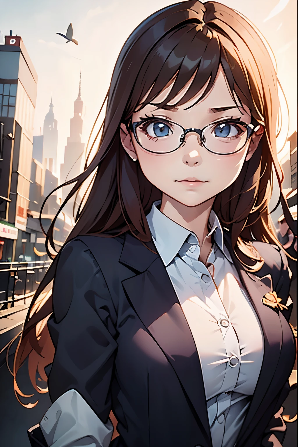 (disorganized, High resolution, Super detailed, realistic, ), 1 girl,mature, alone, long brown hair 、((business suit)),brown eyes,  (Glasses)，modern city background, Super detailedな, highest quality, Detail view, vectorized, 8K,  graphic design, vector lines, Full HD，whole body