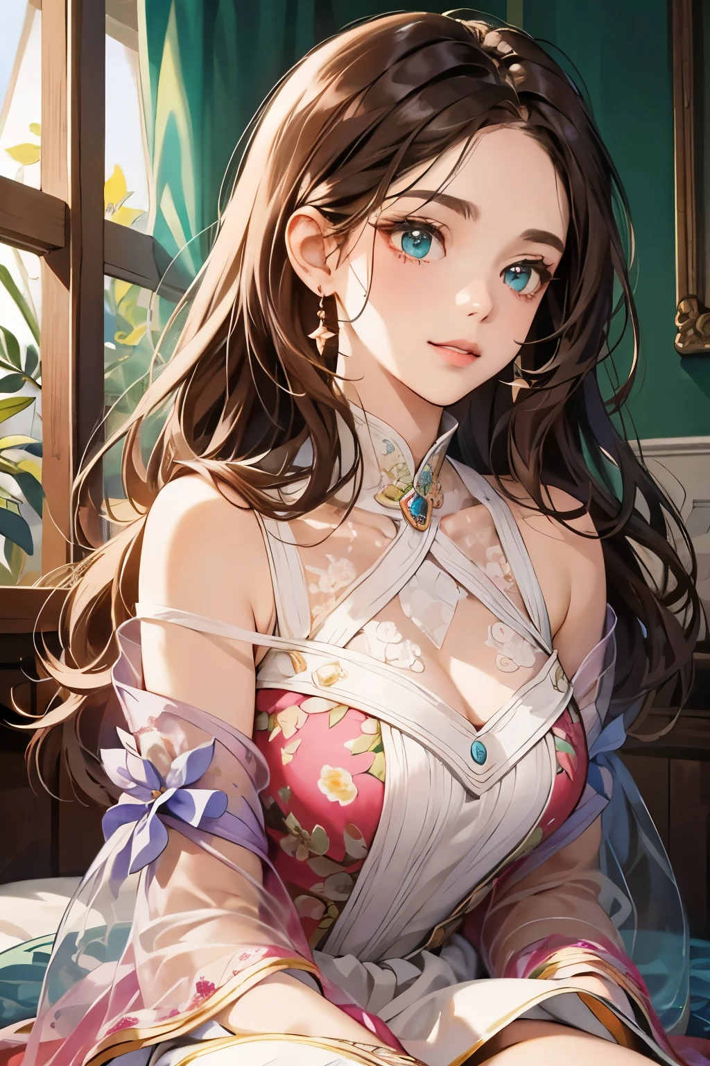 Girl --s2, (ultra-detailed, young and radiant complexion), delicately painted rosy cheeks, intricately detailed facial features, expressive turquoise eyes with long, curved lashes, tousled brown hair cascading down her shoulders, wearing a feminine, flowing pink dress with floral patterns, crouching in a serene position indoors, her posture conveying an air of calm introspection and self-assured grace, as she captivates the audience with her enigmatic smile.