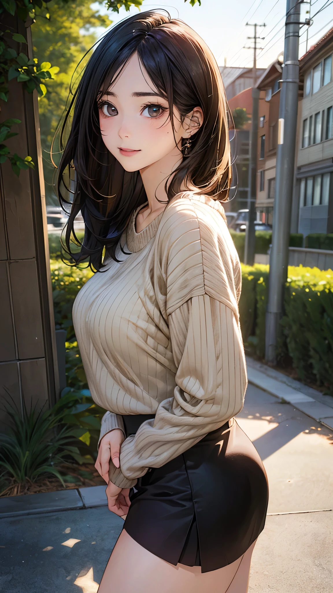 (masterpiece:1.2, top-quality), (realistic, photorealistic:1.4), beautiful illustration, (natural side lighting, movie lighting),
looking at viewer, cowboy shot, front view, 1 girl, japanese, high school girl, perfect face, cute and symmetrical face, shiny skin, babyface,
(middle hair:1.2, straight hair:1.5, dark blue hair), forehead, gold eyes, (middle breasts, seductive thighs, big ass),
beautiful hair, beautiful face, beautiful detailed eyes, beautiful clavicle, beautiful body, beautiful chest, beautiful thigh, beautiful legs, beautiful fingers,
((light brown sweater, dark green tight skirt),
(beautiful scenery), evening, entranceway, (great joy),