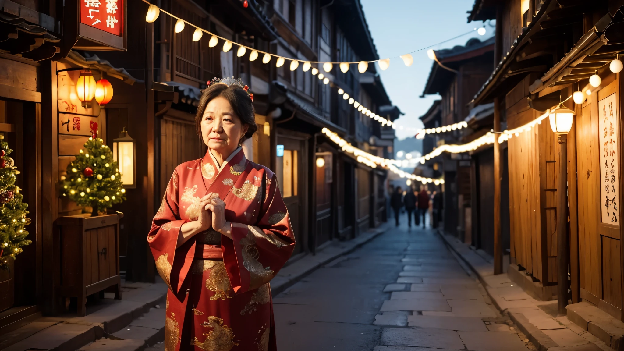 bust,A middle-aged and elderly woman,Standing in the middle of the ancient street,fist with hands,The word "福",dragon,festive,couplets