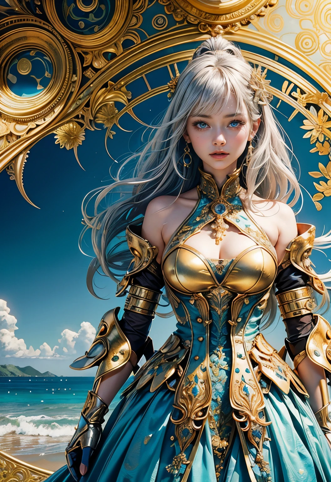 ( highest qualityの, highest quality, beautiful and aesthetic:1.2), (1 female), very detailed,(fractal art:1.3),colorful,best details, Composition of the golden ratio,dynamic line of sight,she has silver hair and blue eyes, , she is wearing a golden luxurious dress,Background with sea view