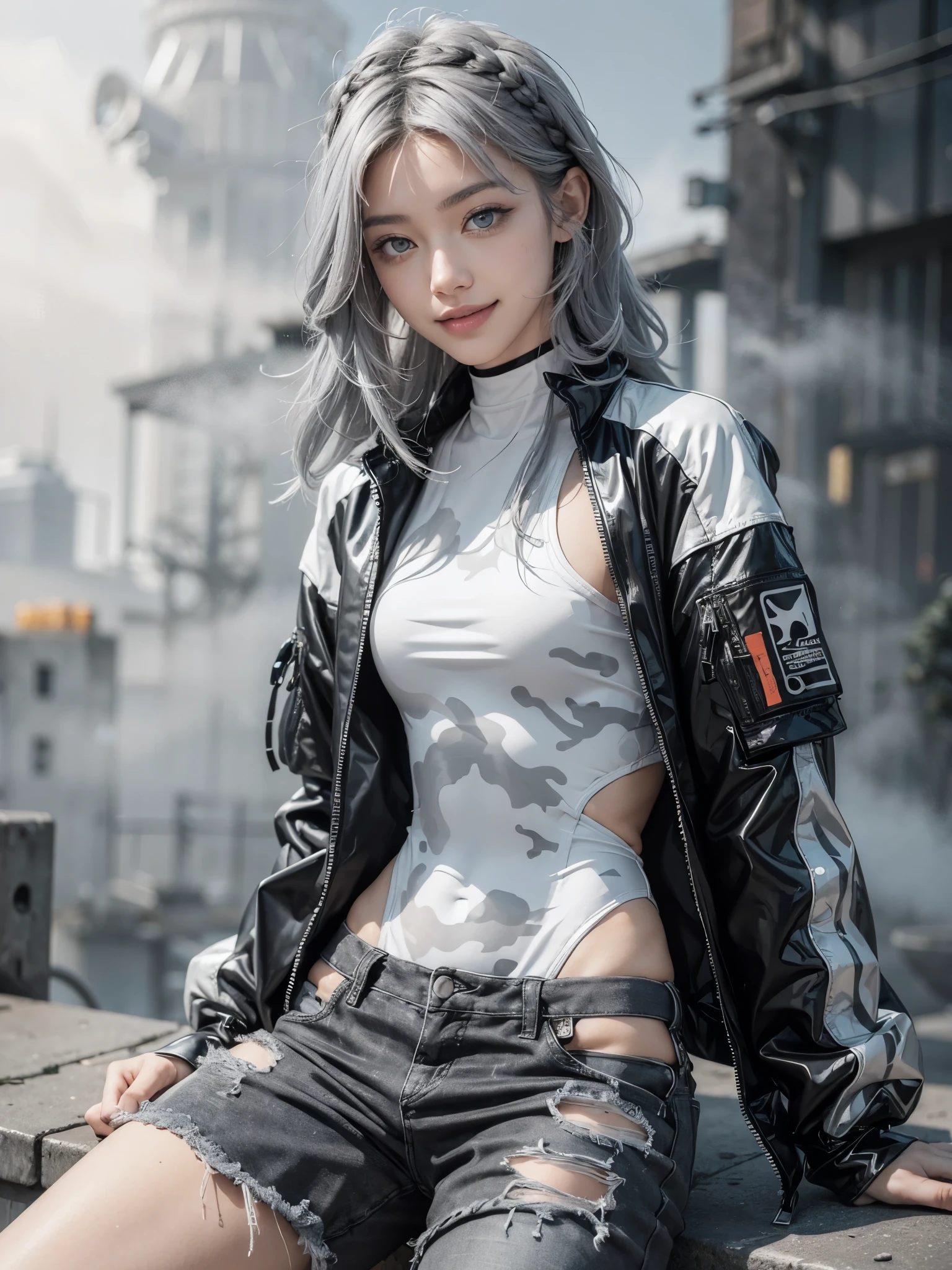 (Realistic:1.4), (fashion portrait:1.2), (ultra detailed, beautiful, masterpiece, best quality:1.2), _ BREAK (1girl:1.2), 22 years old, 160 cm, Japanese cute model, Tightened all body, medium Breasts, (small head, small face:1.3), diamond Face, small nose, Sharp Faceline, Detailed face, Detailed eyes, young hands and fingers, beautiful hands and fingers, five fingers, _ BREAK (happy, smile, Glossy Lips:1.3), (Light color lips, Half open mouth, beautiful Teeth:1.2), (dropy eyes, Double eyelid, light color eyes, Shiny eyes:1.5), Shiny skin, _ BREAK (arranged hairstyle:1.4), (gray hair:1.4), shiny hair, _ BREAK (gray and White simple blurry background:1.4), (mist, fog:1.6), _ BREAK (cowboy shot:1.2), (sitting, sexy model pose:1.2), BREAK (Camouflage cyberpunk:1.2), (black and white camo-pattern oversized bomber jacket:1.2), (layered with a sleek cyberpunk Camouflage pattern bodysuit:1.4), (neon accents:1.2),
BREAK
(Streetwear fusion:1.2), ((ripped, baggy) monochrome street pants:1.2), (high-top futuristic sneakers:1.2), (edgy accessories:1.2),