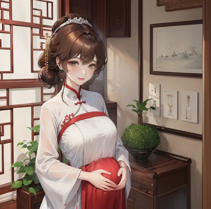 masterpiece, best quality, married woman, aldult, Chinese style, China, elder sister, Smile, hairpin,brown hair, Princess,Full of motherhood,China传统服饰,purely,blush,Dignified yet lively,Mother,put your hands on your belly,thin lips,Mature,Pregnant,Beautifully,pregnancy