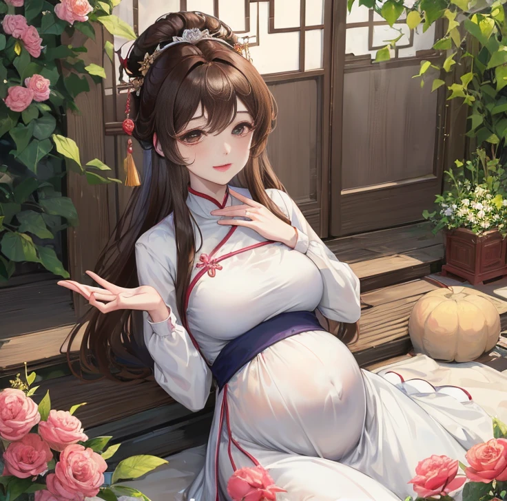 masterpiece, best quality, married woman, aldult, Chinese style, China, elder sister, Smile, hairpin,brown hair, Princess,Full of motherhood,China传统服饰,purely,blush,Dignified yet lively,Mother,put your hands on your belly,thin lips,Mature,Pregnant,Beautifully,pregnancy