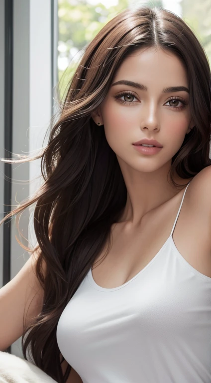 (obra maestra, Mejor calidad, photoRealista, high resolution, Photography, :1.3), Photography de cerca, Sharp focus, 1 chica morena, chica europea, Modelo caliente, Diafragma, Ojos y pupilas altamente detallados, Realista skin, Forma delgada del cuerpo, Cuerpo perfecto, escote, cabello extremadamente detallado, Cara delicada y sexy, gases sensuales, labios brillantes, ((usando camisola negra recortada, Uso de colgante)), exterior, ((Realista, super Realista, realismo, Realista detail))