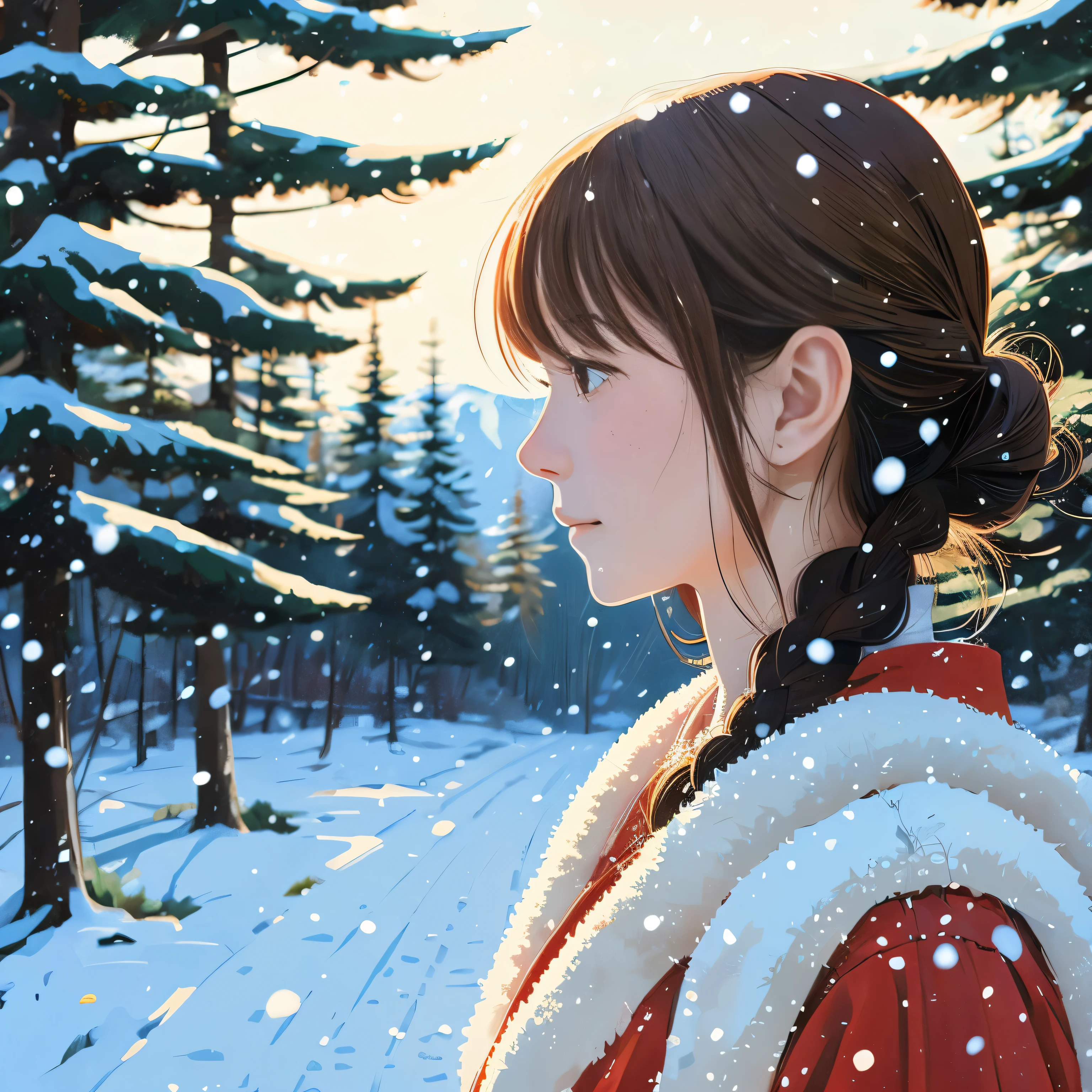 illustration style、ukiyo-e、Showa anime、Woman facing this way、Japanese、Sun shining on background、Shinkai Makoto style、The season is winter、You can see the forest in the distance、that'It's snowing、 (highest quality, Super detailed, portrait, Natural light)