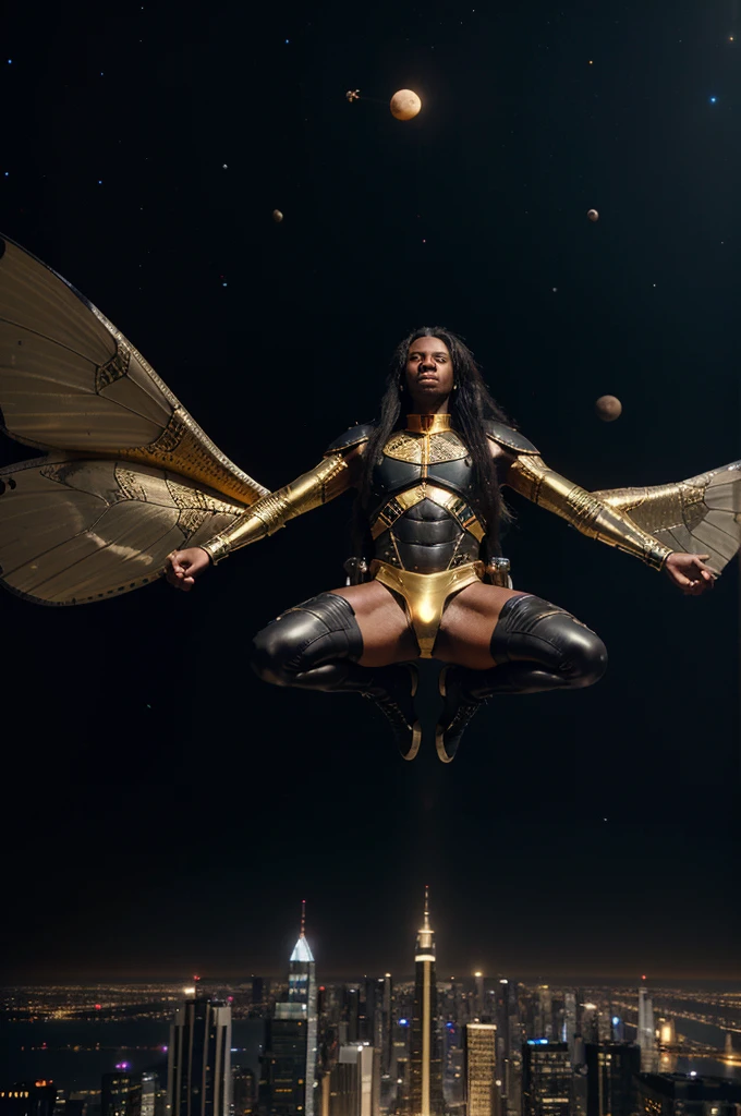 photo realistic, Lyndal Spirit, futuristic, black man, long hair, full body, black butterfly wings, a golden ank on his front jumping off city skyscraper into outer space with planets floating by, 85mm cinematic lighting,