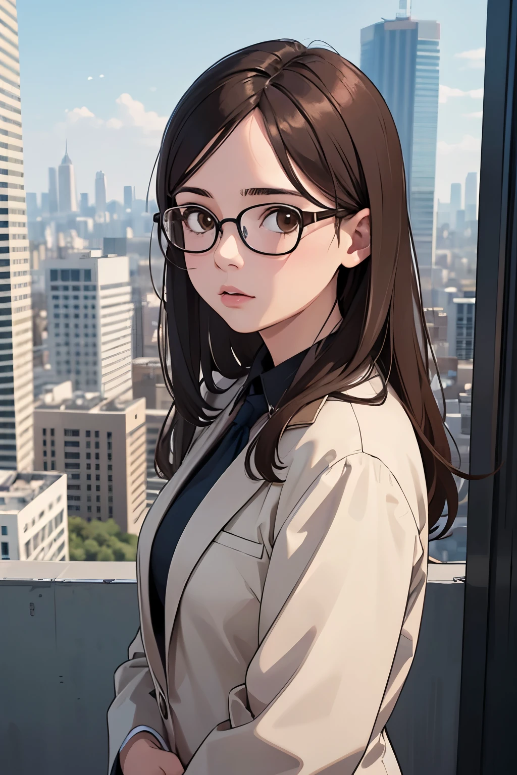 (disorganized, High resolution, Super detailed, realistic, ), 1 girl,mature, alone, long brown hair 、((business suit)),brown eyes,  (Glasses)，modern city background, Super detailedな, highest quality, Detail view, vectorized, 8K,  graphic design, vector lines, Full HD，whole body