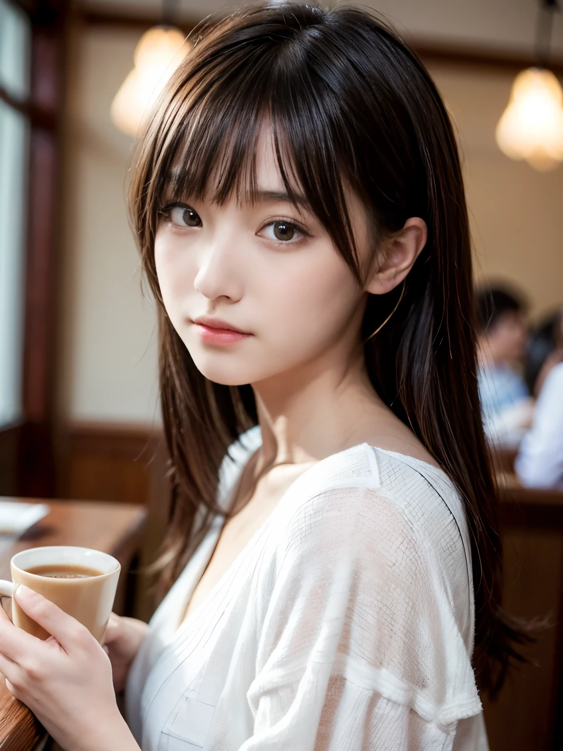 (16K, highres, absurdresmasterpiece, best quality, ultra detailed, exquisite, beautiful), delicate facial features, beautiful japanese idol, late s, 19year old, woman, in the cafe, coffee cup, looking at viewer, realistic portrait, raw photo, ultra realistic photo, upper body, front view, golden ratio, cinematic lighting, in focus with blurred background,