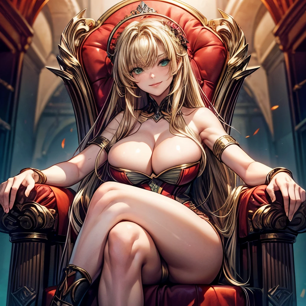 (1 woman 30 years), (naked legs opened), (seductive pose), (sitting on a giant red throne in a castle games of throne style), (circled by fire), (warm sunset lights), (slim body ),(Naughty smile),((green eyes)) , (blond hair and complex hairdressing) , (big breasts) 