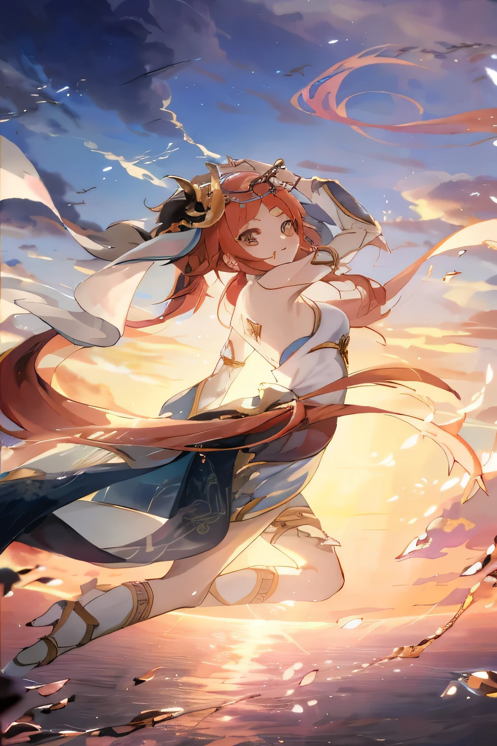Anime girl flying in the sky with a kite, anime goddess, 绫香Genshin冲击, 《Genshin》Ke Qingyu, 绫香游戏Genshin冲击, ((beautiful fantasy queen)), beautiful goddess, Beautiful anime artwork, beautiful fantasy queen, red haired goddess, Beautiful celestial mage, pixiv contest winners, Beautiful anime art, goddess of light