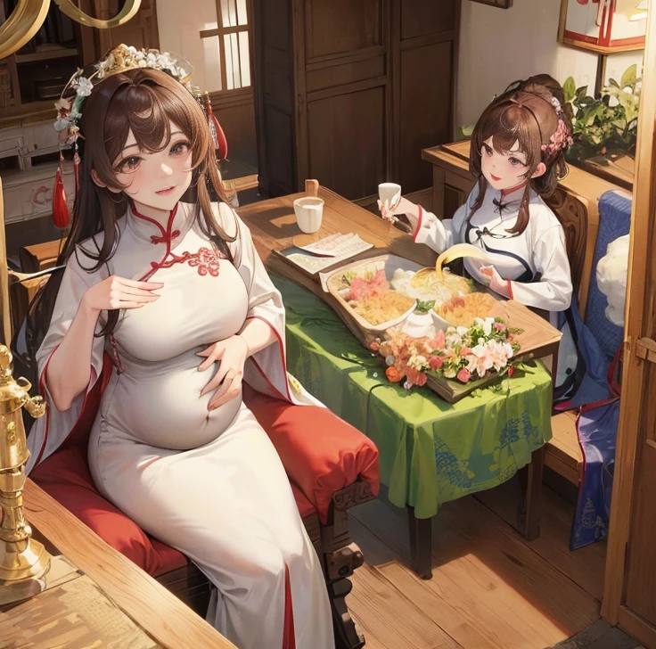 masterpiece, best quality, married woman， aldult, Chinese style, China, elder sister,  Smile, hairpin，brown hair, Princess，Full of motherhood，China传统服饰，purely，blush，Dignified yet lively，Mother，Hands on the stomach，thin lips，Mature，Pregnant，Beautifully，pregnancy