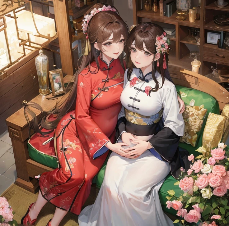 masterpiece, best quality, married woman， aldult, Chinese style, China, elder sister,  Smile, hairpin，brown hair, Princess，Full of motherhood，China传统服饰，purely，blush，Dignified yet lively，Mother，Hands on the stomach，thin lips，Mature，Pregnant，Beautifully，pregnancy