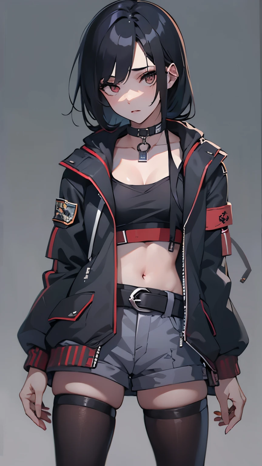 1 girl，black hair，side ponytail，Pale skin，empty eyes，yandere，Punk coat，Assassin Clothing，shorts，