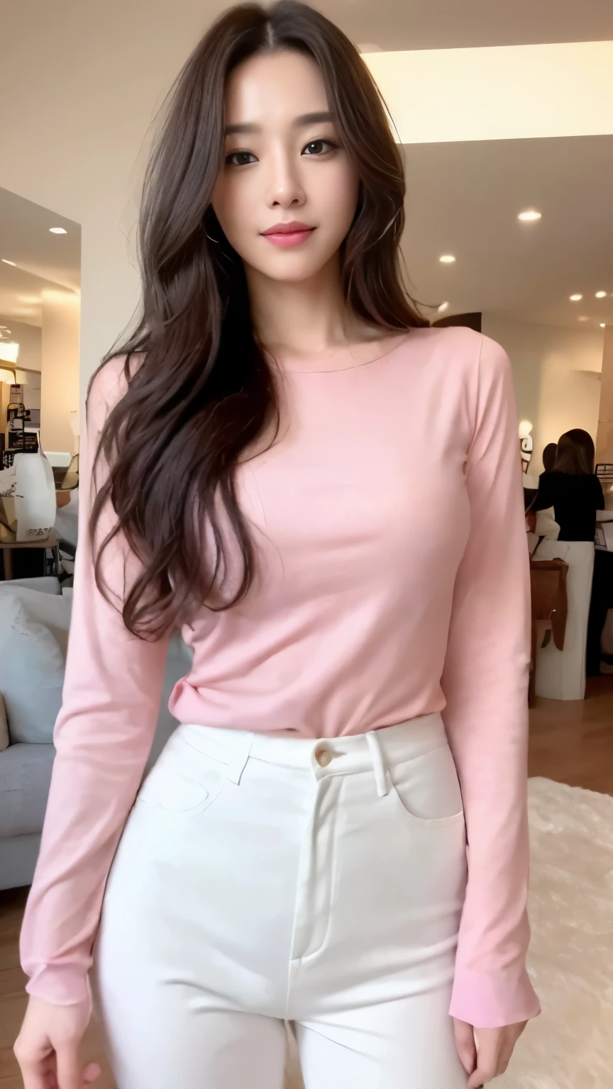 ((top-quality、8k、​masterpiece:1.3))、Beautiful woman with perfect body:1.4、slim abdomen:1.2、Longhair, normal breast, Highly detailed facial and skin texture, A detailed eye, (smile), (full body shot), ((shopping mall)), (standing), (((wearing long sleeve pink shirt with white long pants ), looking in front