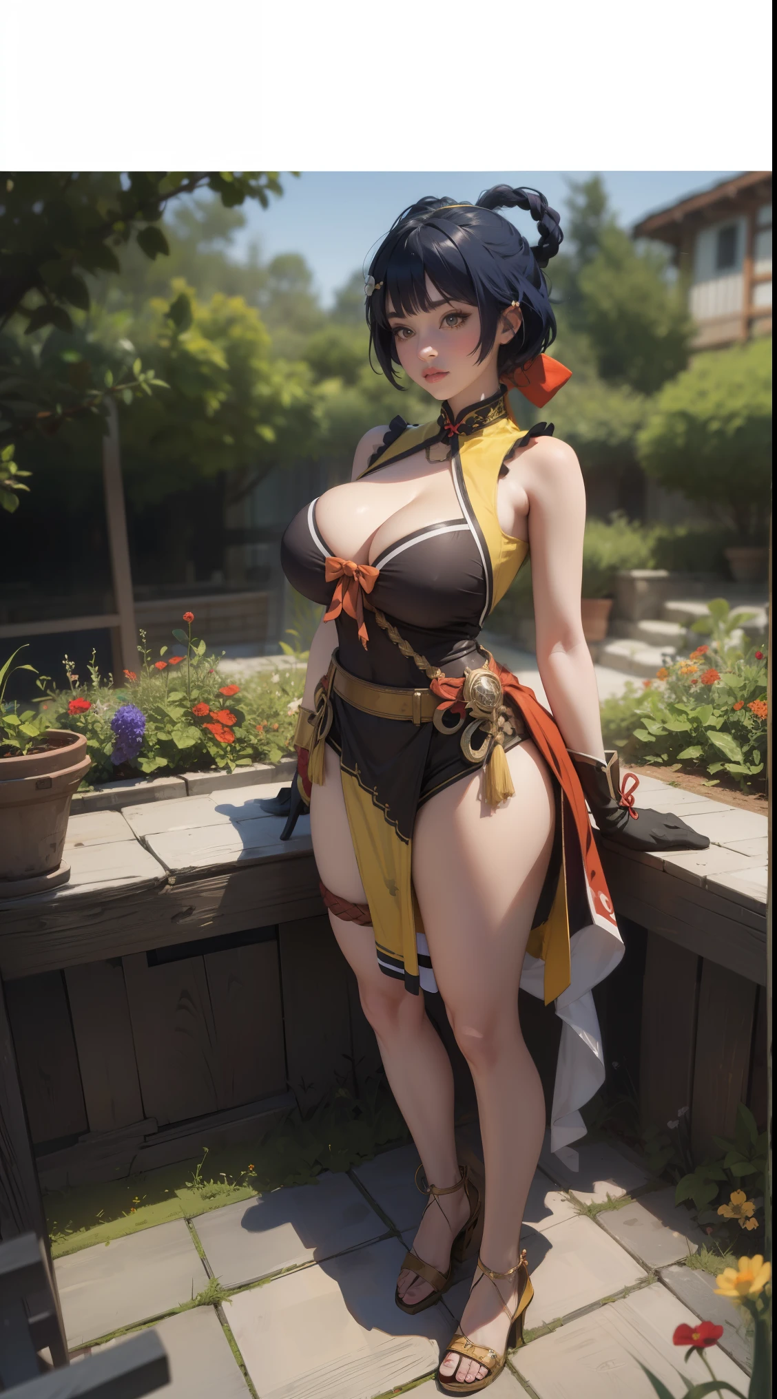 xiangling \(genshin impact\),1girl,blue hair, short hair, thick eyebrows, hairclip, hair rings, braid, yellow eyes, (Beautiful,Huge_Breasts:1.5),
BREAK
, 1girl, solo, Standing in the garden, full body, full figure,
BREAK
, Garden,
BREAK
, bow,glove, chinese clothes, sleeveless, bare shoulders, pelvic curtain, belt,
BREAK
, official art, extremely detailed CG unity 8k wallpaper, perfect lighting, Colorful, (best_quality:1.0), ultra high res,4K, ultra-detailed, 8K, HDR, high resolution,  absurdres:1.2, film grain, blurry background, (vibrant_color:1.2), (beautiful_face:1.2), (narrow waist),
BREAK
, (best quality,4k,8k,highres,masterpiece:1.2), ultra-detailed,