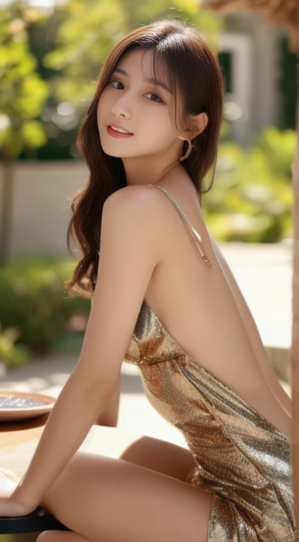 (((32K,very high resolution, high detail, very accurate, table top))),photograph & realistic atmosphere,shiny skin,beautiful skin,fine white skin,detailed face,fine eyes、Very beautiful eyes with deep blue eyes,detailed lips、very beautiful face,very well-shaped face、lifelike face,glossy beautiful lips,beautiful eyebrows,、medium long hair、The best natural makeup for professional models,japanese idol,very beautiful woman,very beautiful girl,(big breasts,very shapely breasts、Very beautiful toned body from head to foot,thighs protruding from the dress,,,Sitting with legs spread wide,Exclusive and elegant ornaments,necklace,bracelet, earrings,Black lingerie shows through）,Adornments designed to the smallest detail,(20 year old Japanese woman,Very beautiful dress with a wide open back,Shot in the middle of the back,See-through colorful shoulder dress,Wearing beautiful sandals,Floral Short Shoulder Dress,Moisturizes the eyes,gentle smile,beautiful brown hair),looking at the viewer,Beautiful gesture,Beautiful immature body, innocence,((photorealism,Turn the camera from top to bottom)),reality live action,nail art,(beautiful butt,beautiful feet,,camel&#39;s foot,buckshot,turned around,The back is visible),Super high resolution、The face of a masterpiece with high detail,natural and realistic face,soft natural light,Backlight（Energetic eyes that are too cute）