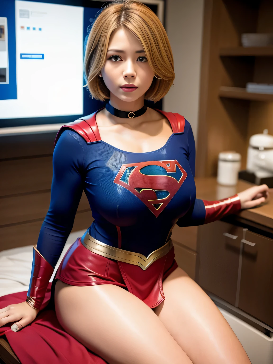 masterpiece、Supergirl costumes、short hair、barefoot、big and full breasts、operating room、operating table、straddle、Tattered、shiny、look at the camera、Seduce、choker、long sleeve、red mini skirt、Cowgirl、Estrus