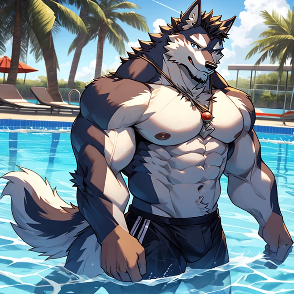 Muscular and  husky man, recargado en la orilla de la piscina en  mostrando su gran trasero 