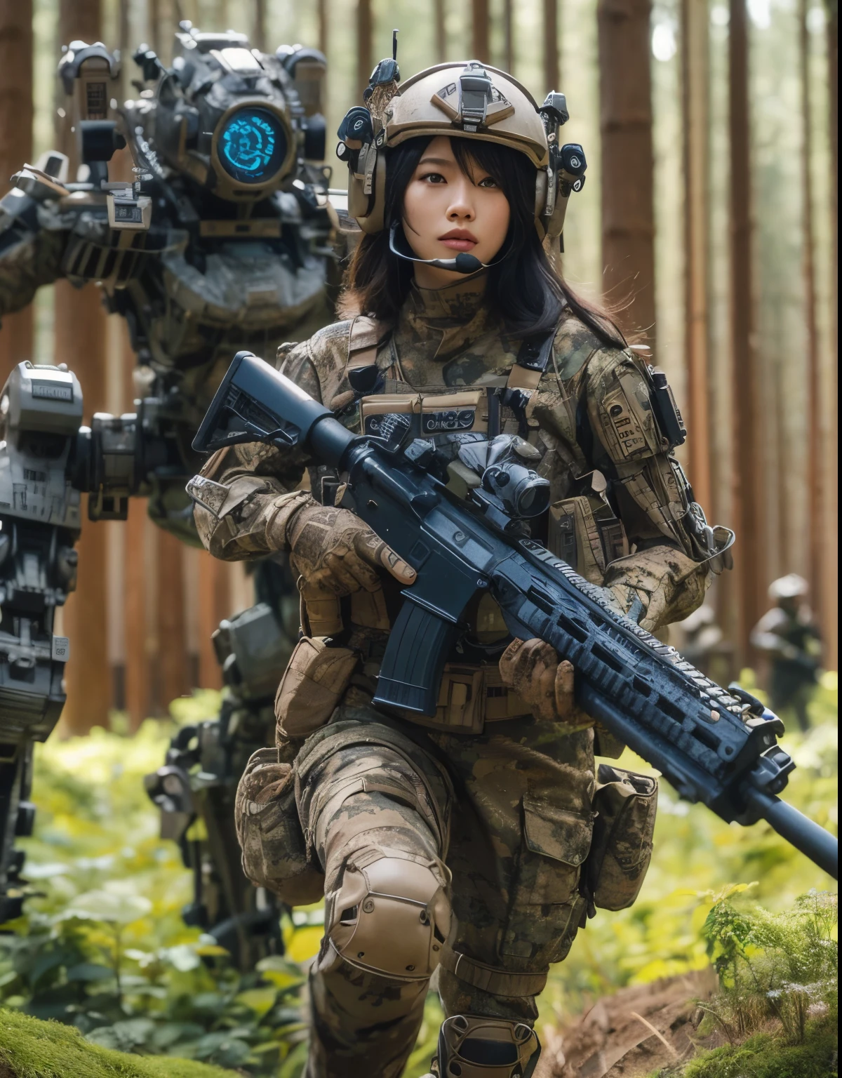 photorealistic、realistic skin texture、automatic rifle