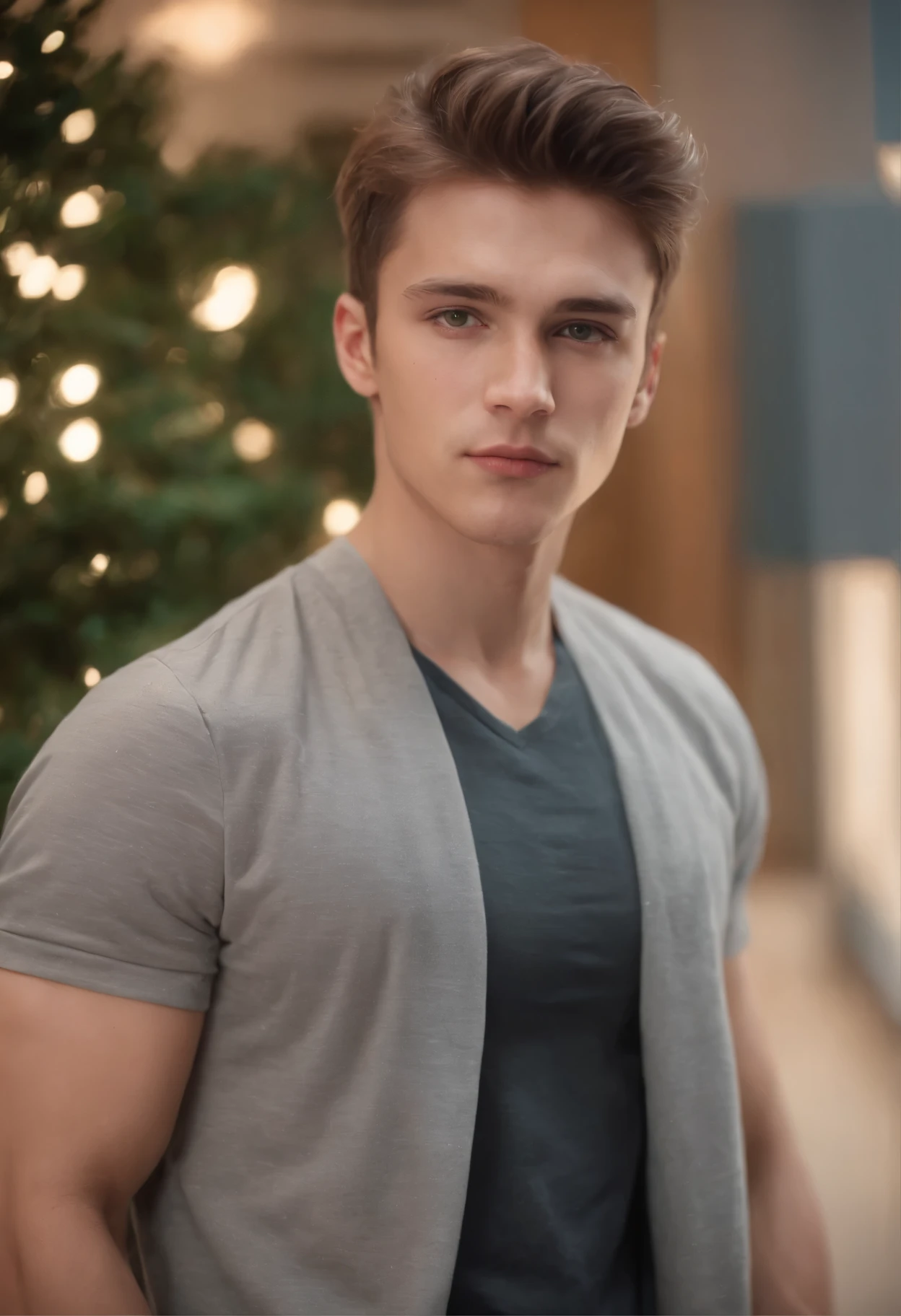 A handsome boy, 25 years old, brown spiky hair, light green eyes, masculine pose standing in a mall, mysterious lighting, muscular physique, looking into the camera, upper body close up, polish, 8k UHD, SLR camera, soft lighting, high quality, film grain, Fujifilm XT3