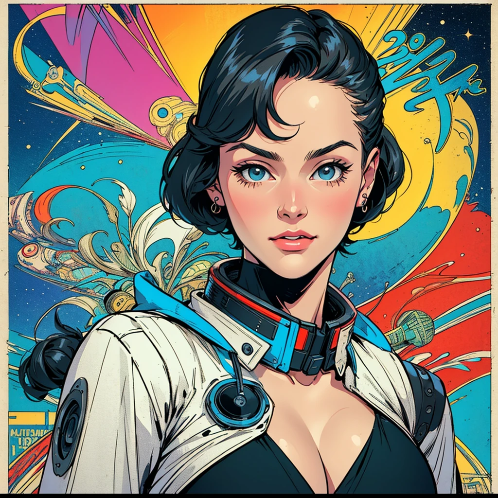 (((highest quality))),masterpiece,1 woman,((the perfect person)),((Super beautiful woman)),detailed perfect face,retro,vintage,classic,60's,70's,80's,old movie posters,abstract,((スペーススリラーmovie poster)),(Futuristic),Geometric pattern,very delicate,movie poster_white frame,universe,Milky Way,planet,,propaganda,universe飛行士,breast enhancement,simple,(big breasts),(cleavage),cyber punk,