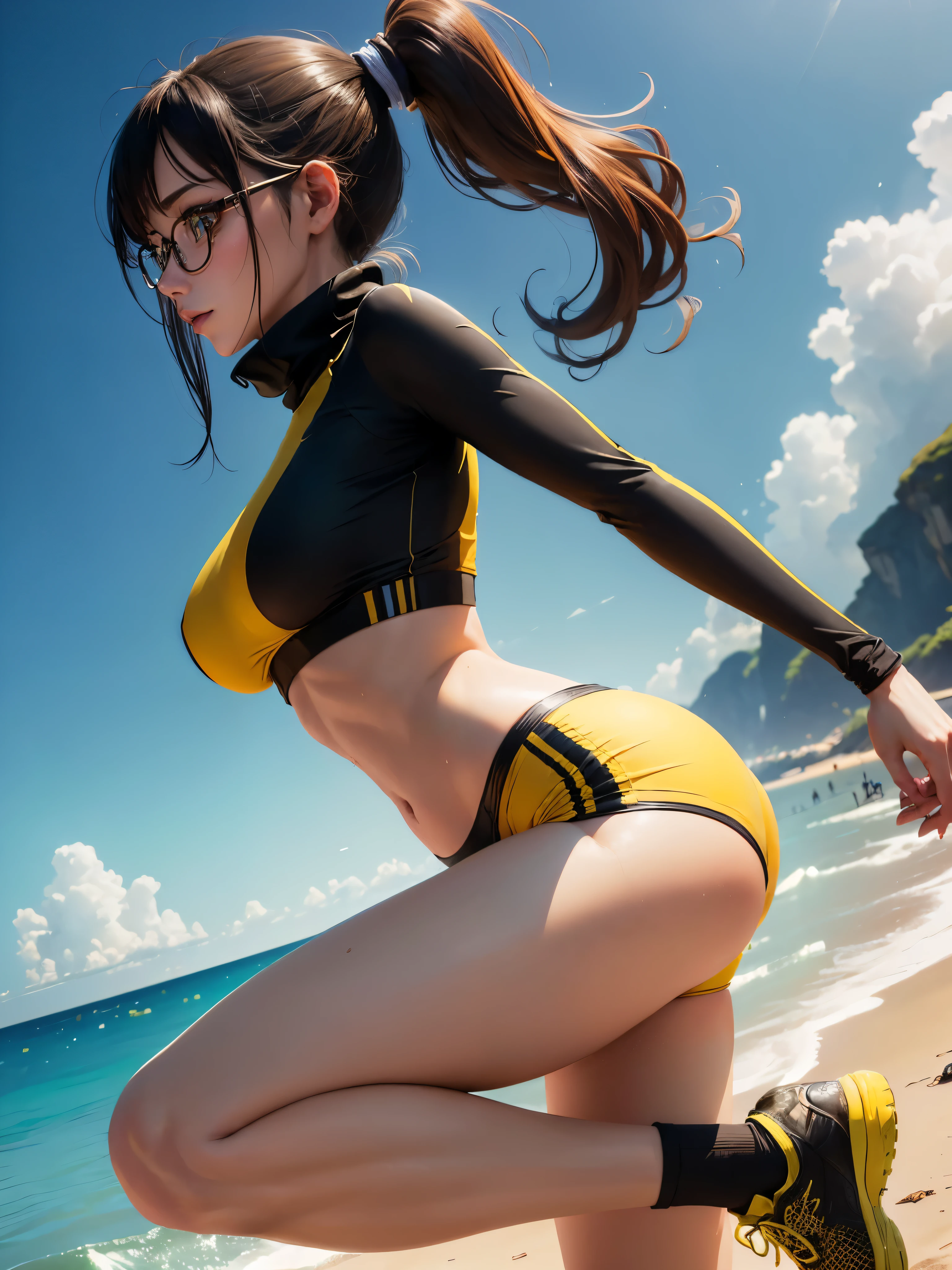 ((side view)), ((full body)), (Jogging by the sea 1.5), 1 beautiful girl, , Highly detailed face, Long hair in a ponytail,,,, smooth, glasses, Smile mischievously, small breast, Thin waist, small breast, Thin waist, small hips, small thighs, The stomach has sexy lines.., sweat, body drenched ((Turtleneck tight sports bra, tight sports shorts, (Yellow and black clothes))),(((Under the breast))),((Wet clothes)), ((yellow running shoes)) ((Running posture)), ((beach)), center,scale to fit the dimensions,Third rule, view:1.25, anime, height, Sharp focus, (Very detailed, รายVery detailed), unity wallpaper 8k),((Synth Wave Background Theme)),(((bright colors))),(complex background),(Masterpiece),(best quality),