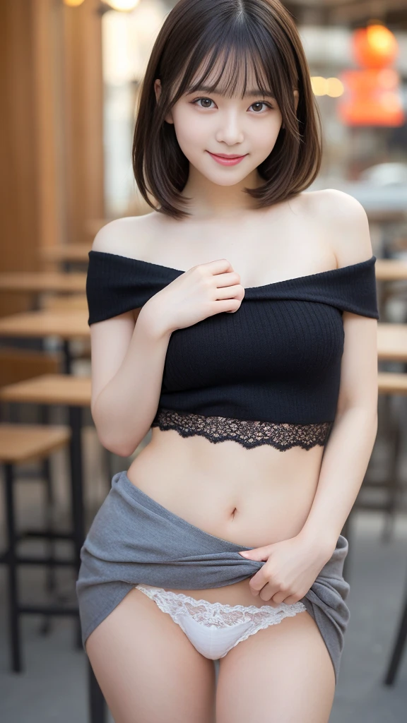  n.f.s.in.、highest quality、confused、Super detailed、finely、High resolution、8k wallpaper、perfect dynamic composition、beautiful and detailed eyes、off shoulder knit、skirt、(skirtをたくし上げる)、(show lace panties)、short hair、bangs、big breasts、scarf、natural color lip、bold sexy pose、smile、Cafe、Japanese、 girl、cute、sexy shot looking at camera、Always blur the background、完璧in美しい顔,Take only the face、beautiful and detailed face、slim face and style