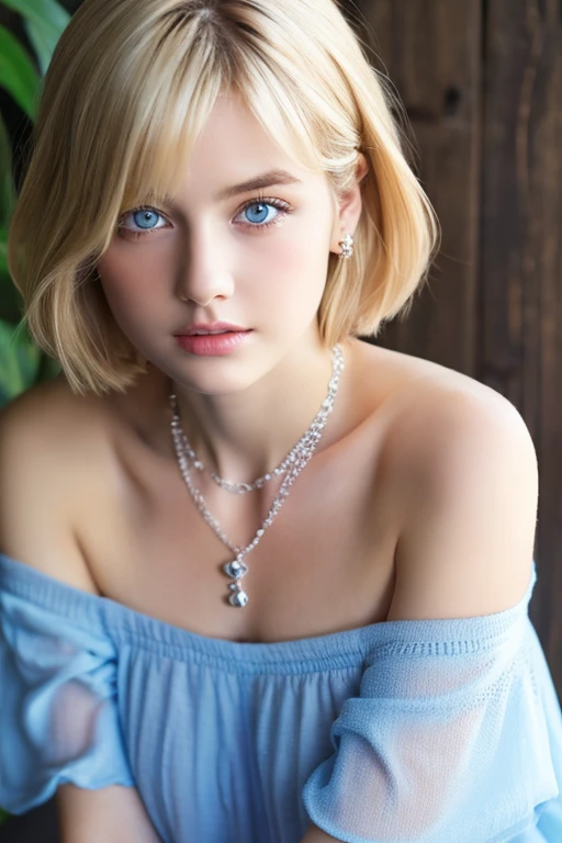 highest quality Idol 1 girl, 19 years old, alone, short hair big breasts, looking at the viewer, blonde, bare shoulders, light blue eyes, gem, whole body, necklace, off shoulder, blouse, realistic, Sexy