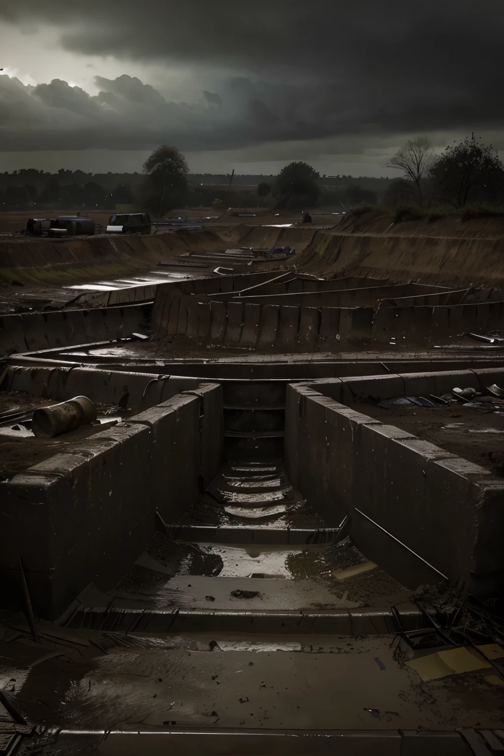 Deep trenches Trenches from World War II, dirty dugouts, cartridge boxes, spent cartridges on the ground. Gray gloomy sky. mud. Detailed drawing, A lot of small details. War of art ,Trench . ultra realism. contrast. The gloomy atmosphere of war. Sinister