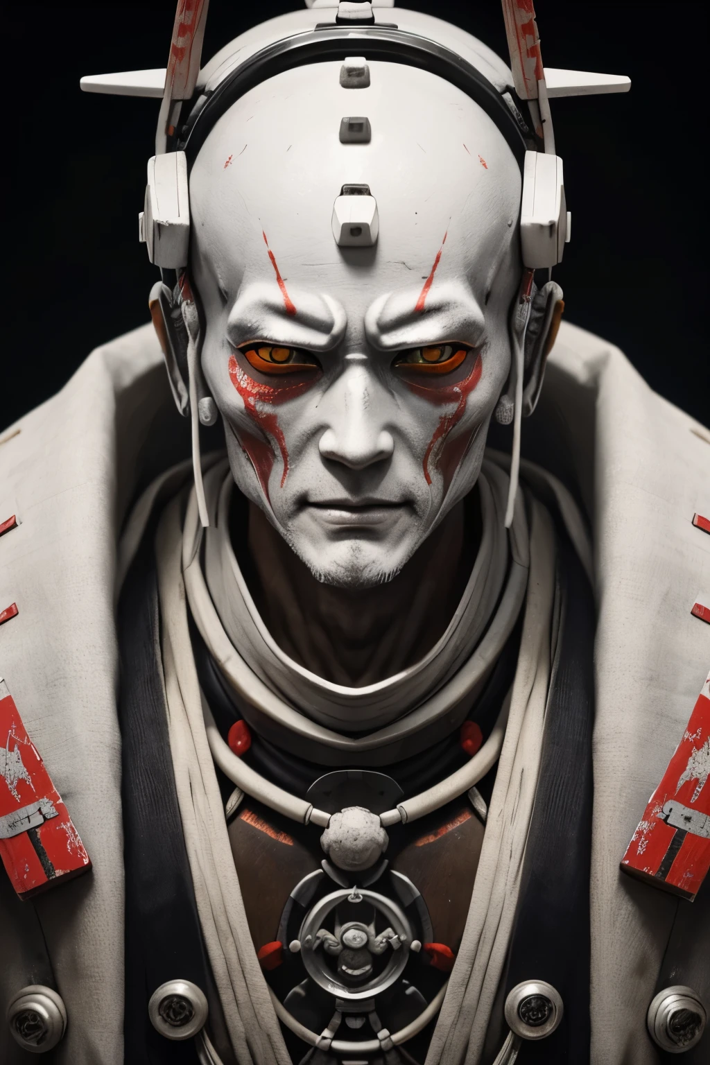 Close-up shot of Japanese 100 years old old samurai with emaciated body covered in white paint, zen meditation cyberpunk, demonic body, 8K highly detailed โค๏ธโ๐ฅ ๐ฅ ๐ ๐ค ๐, cyborg Buddhist deity, 8k Highly detailed, full body depiction โค๐ฅ ๐ฅ ๐ ๐ค ๐