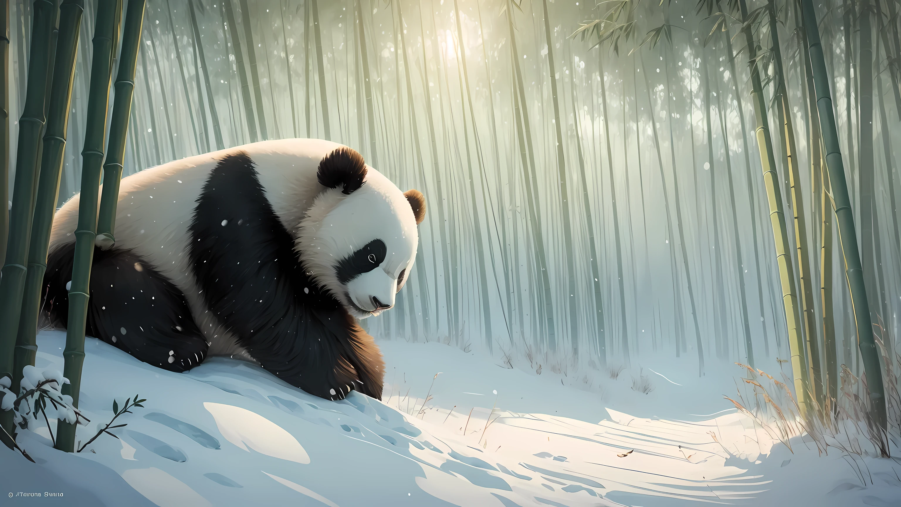 panda sleeping, Chinese architectural style, Winter scenery, bamboo forest, LOFI music atmosphere, peaceful snow scene, Chinese traditional elements, gentlesunlight, artistic depiction, bamboo forest裡的熊貓