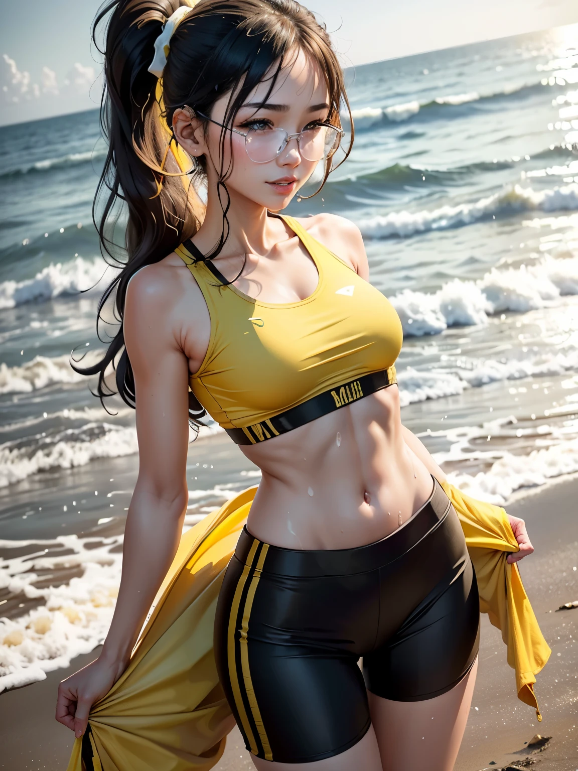 ((Jogging at the seaside)) 1 beautiful girl, 17 Years Old, high detail face, long hair in a ponytail,,,,, bangs, eyeglasses, Naughty smile, small breast, slim waist, small breast, slim waist, small hips, Small thightss, Unhealthy stomach, thights, Sweat, body dripping wet

((Tight sports bra with neck, Sports Pants((short tight)), (Yellow and black clothes))),(((underboob))),((wet clothes,Intricate costumes,Intricate clothing)),

((beach)), center,scale to fit the dimensions,rule of third, scenery:1.25,

anime, highres, crisp focus, (ultra-detail, Very detailed), Unity 8k壁纸),((Synthwave background theme)),(((vibrant colours))),(intricate background),(masterpiece),(bestquality),