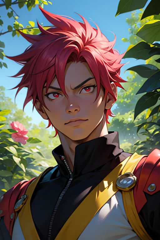 A painting of Natsu Dragneel in a vibrant garden setting, (best quality, highres:1.2) with ultra-detailed and realistic depiction of the character. Natsu Dragneel is shown with his iconic spiky pink hair, intense red eyes, and a determined expression on his face. The artwork showcases the beautiful details of his eyes, lips, and the fiery aura surrounding him. Natsu is portrayed in his powerful stance, showcasing his dynamic personality and fiery nature. The garden is filled with lush greenery, colorful flowers, and gentle sunlight filtering through the trees. The colors are vivid and vibrant, giving the artwork a lively and energetic atmosphere. The lighting is carefully crafted to highlight Natsu's features and create a sense of depth and dimension. The medium used for this artwork is a combination of digital illustration and oil painting techniques, seamlessly blending the digital precision with the traditional texture and richness. The overall style of the painting is a mix of fantasy and realism, capturing the essence of Natsu Dragneel's character from the popular anime series.