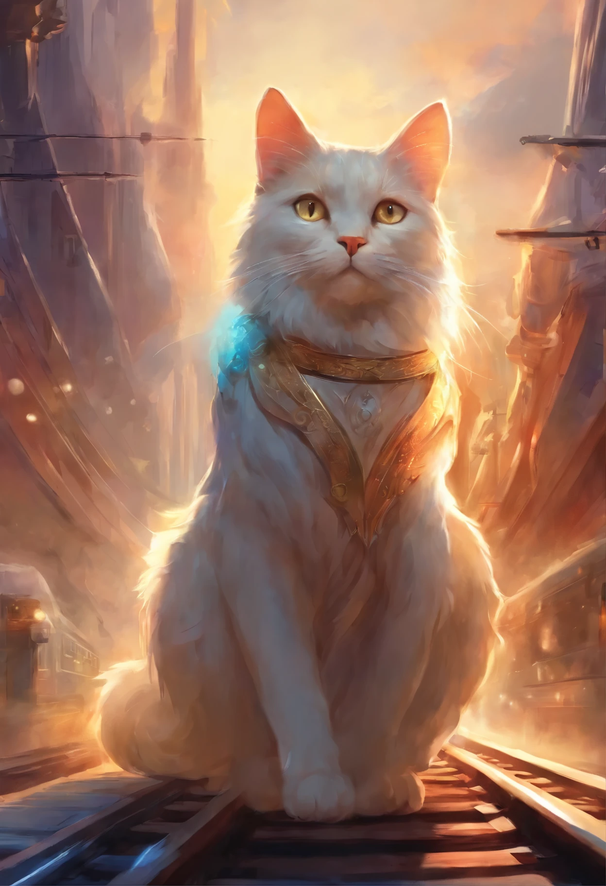 Sky Train, angel conductor, cat sitting on the railway tracks