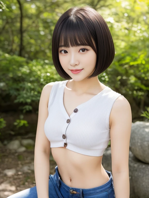 top-quality,masterpiece,Raw photography,8K,Top image quality,hight resolution, 18 years old Japanese female idol ,Beautuful Women,cute Japanese girls, Pretty Woman ,Beautiful face in every detail, aegyo sal ,small head, seductive smile ,Realistic human skin, pale skin ,cut model , Short hair ,bowl cut ,skinny body ,Sweat ,tops lift ,rib ,(low rise pants,open the button ,hand inside clothes ), arched back, face focus, hand focus, navel focus