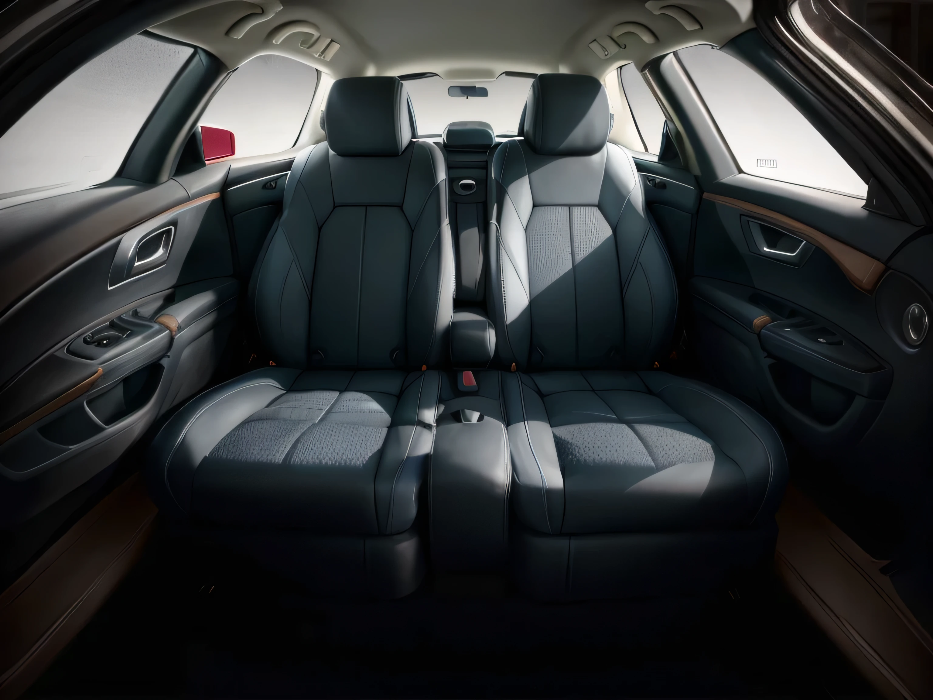two-dimensional,Close-up of car with black leather seat covers, Leather upholstery, Edited, concept, red Leather upholstery, inside car, Interior photos, luxury, Panorama, Wide and high viewing angle, High quality pictures, indoor background, spacious, portrait shooting, cozy atmosphere, Interior photos静态, alternating angles, The interior is very detailed, thumbnail
